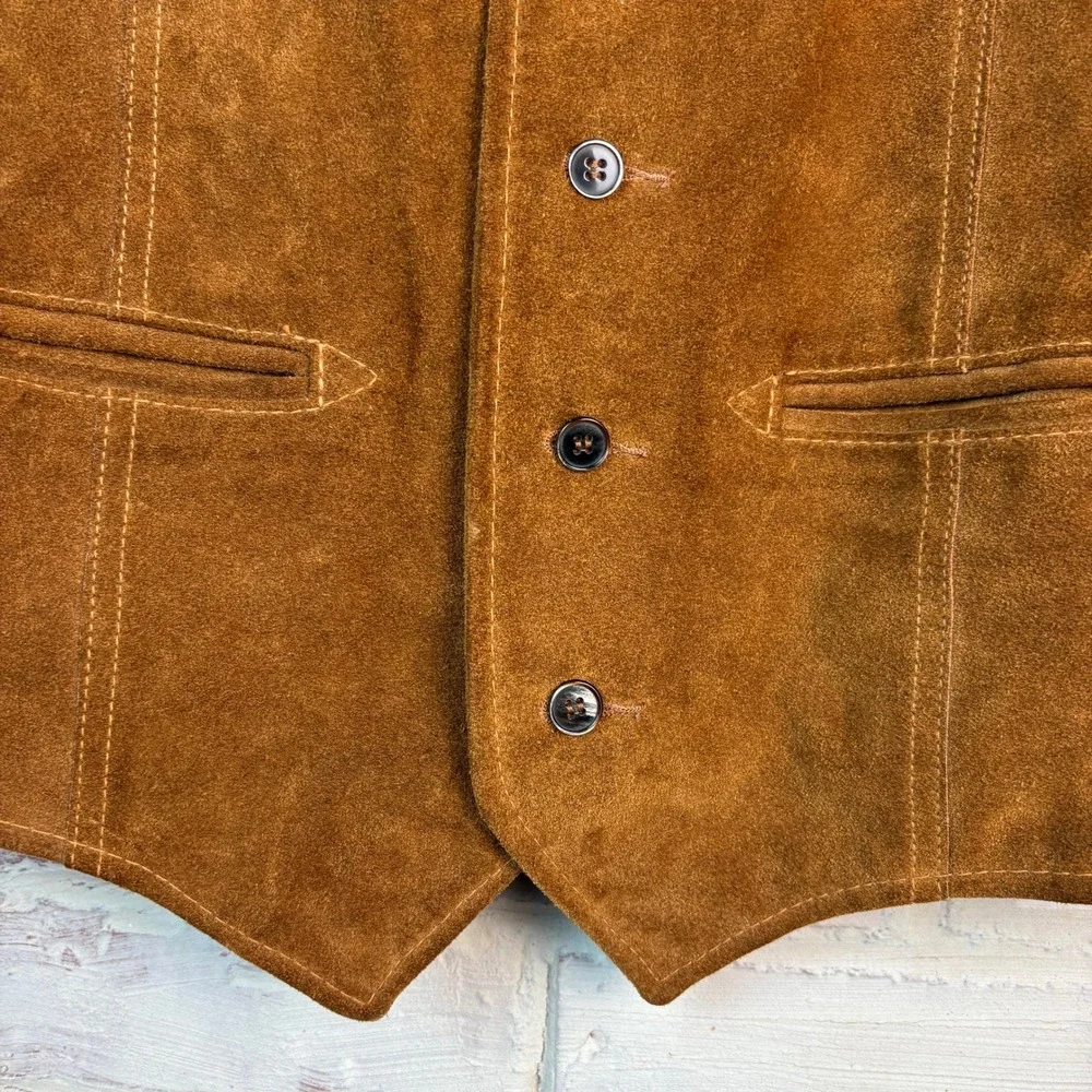 Vintage 70s Sears Leather Shop Suede Western Vest Tan Brown Satin Lined Size 44T